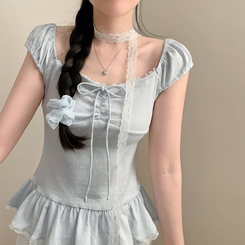 【タイ付き】ドットレースフリル半袖Tシャツ SKY BLUE