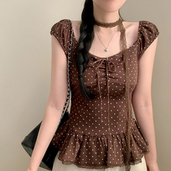 【タイ付き】ドットレースフリル半袖Tシャツ CHESTNUT BROWN