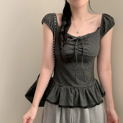 【タイ付き】ドットレースフリル半袖Tシャツ CHARCOAL