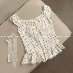 【タイ付き】ドットレースフリル半袖Tシャツ