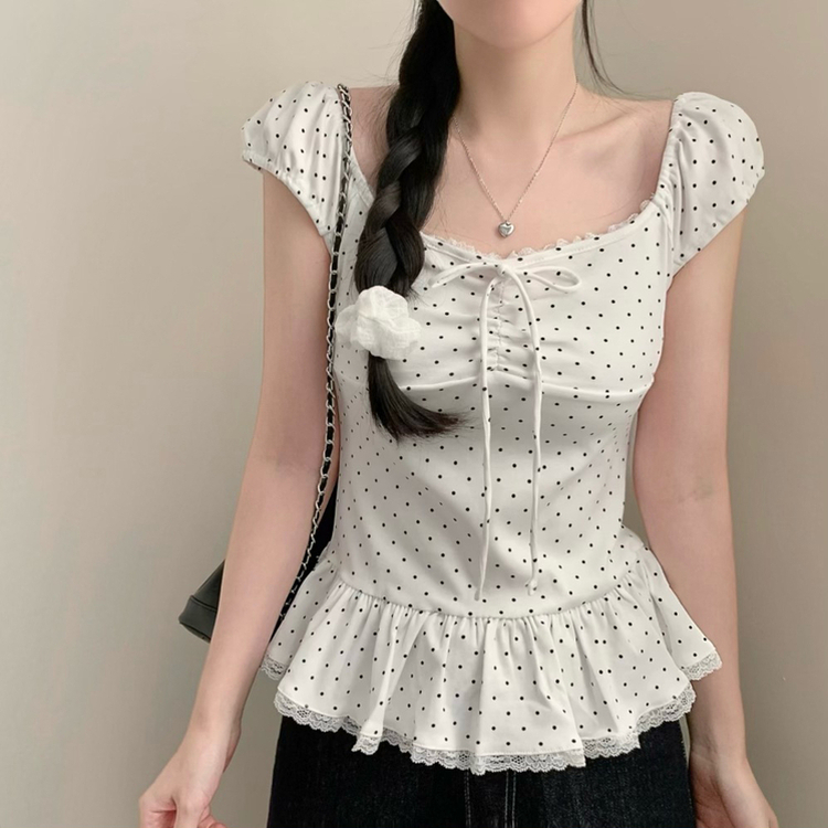 【タイ付き】ドットレースフリル半袖Tシャツ IVORY