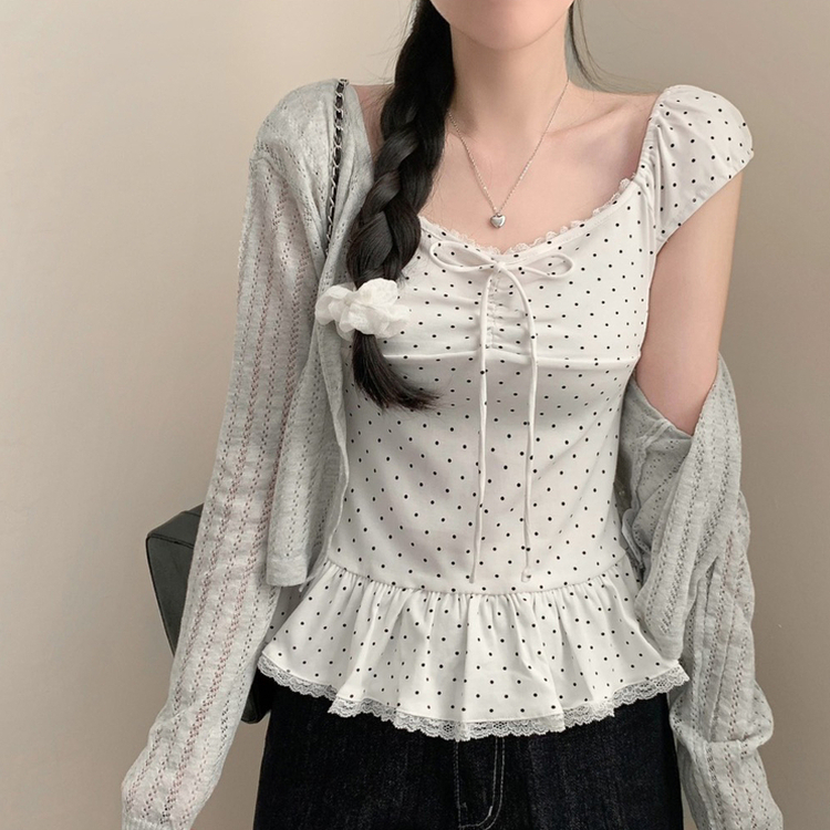 【タイ付き】ドットレースフリル半袖Tシャツ IVORY