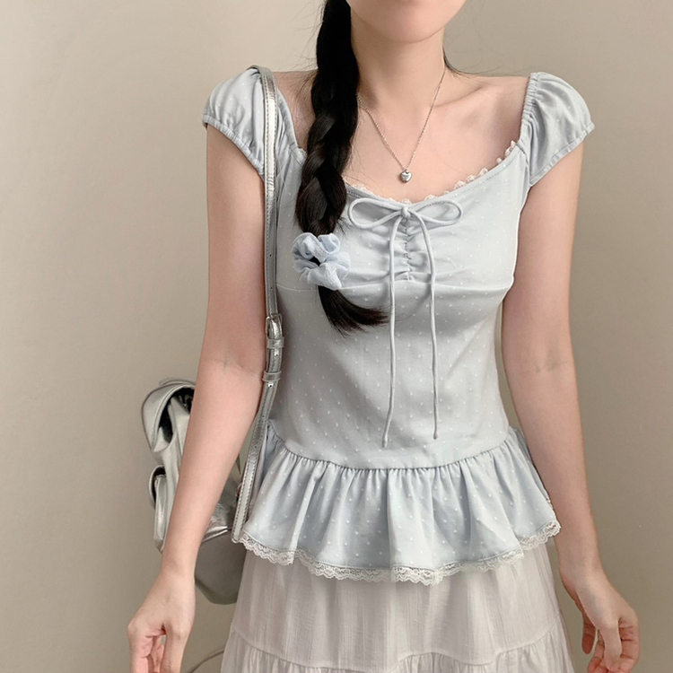 【タイ付き】ドットレースフリル半袖Tシャツ SKY BLUE