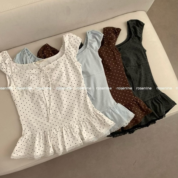 【タイ付き】ドットレースフリル半袖Tシャツ