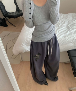 十字パッチピンタックワイドパンツ(6color) CHARCOAL