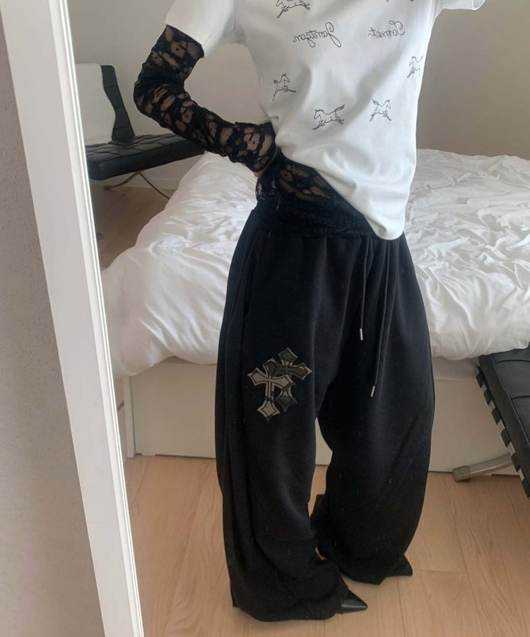 十字パッチピンタックワイドパンツ(6color) BLACK