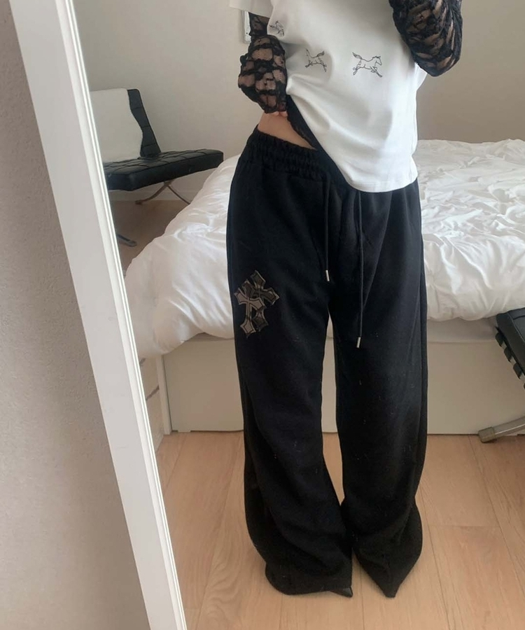 十字パッチピンタックワイドパンツ(6color) BLACK