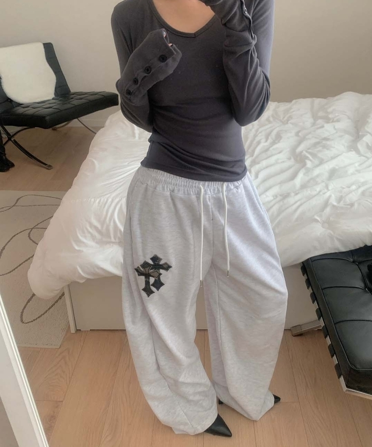 十字パッチピンタックワイドパンツ(6color) MELANGE WHITE