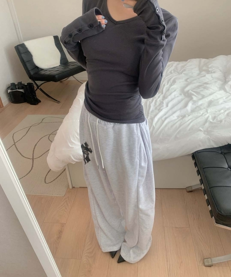 十字パッチピンタックワイドパンツ(6color) MELANGE WHITE