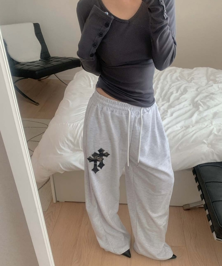 十字パッチピンタックワイドパンツ(6color) MELANGE WHITE