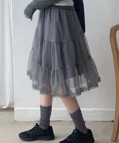 ティアードチュールミディスカート GREY