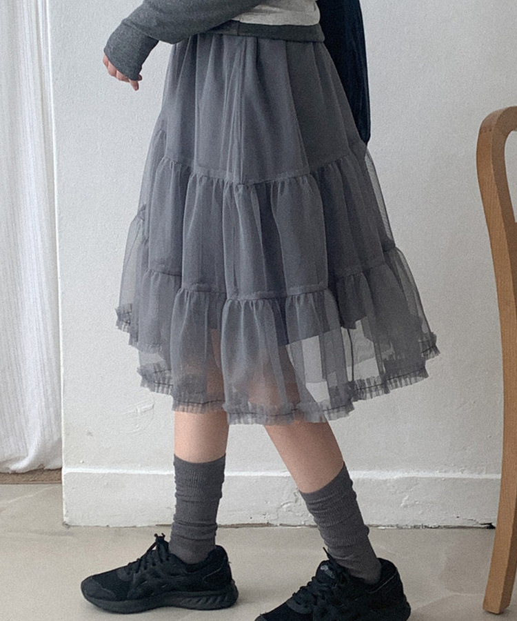 ティアードチュールミディスカート GREY