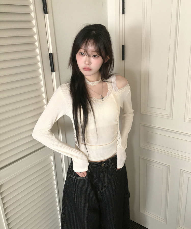 【マフラー付き】レーススリムTシャツ IVORY