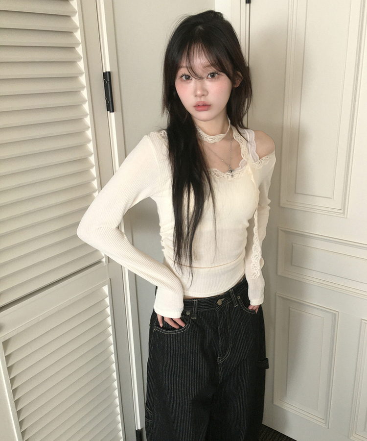 【マフラー付き】レーススリムTシャツ IVORY