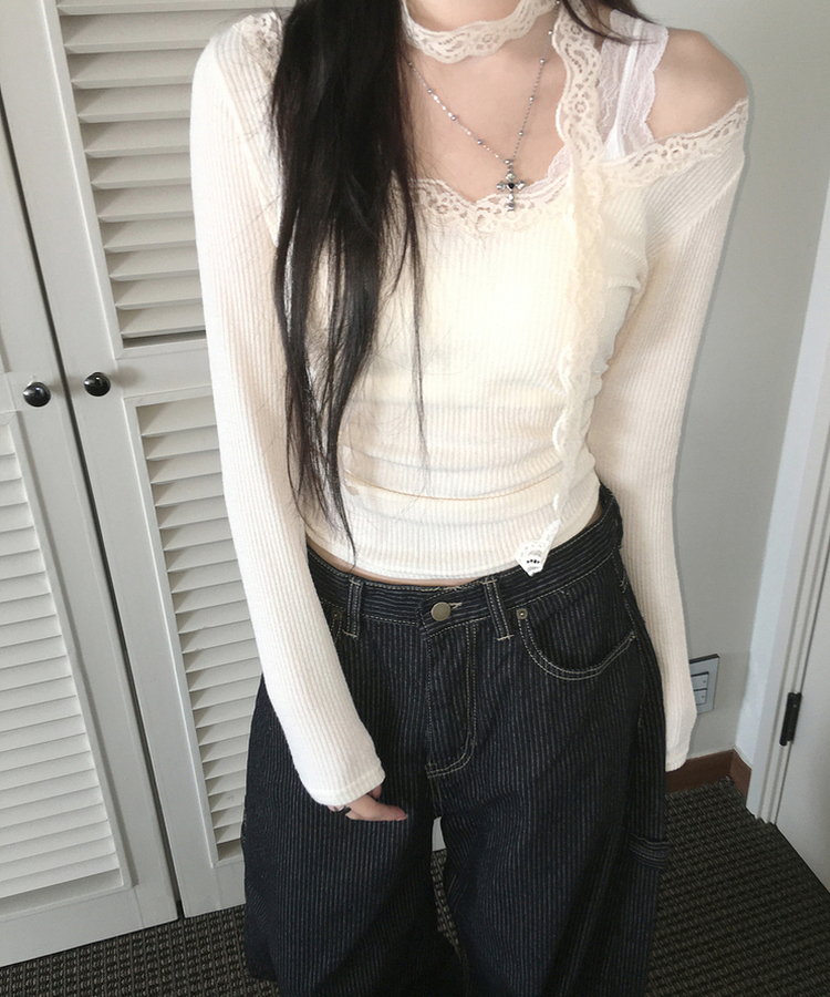 【マフラー付き】レーススリムTシャツ IVORY