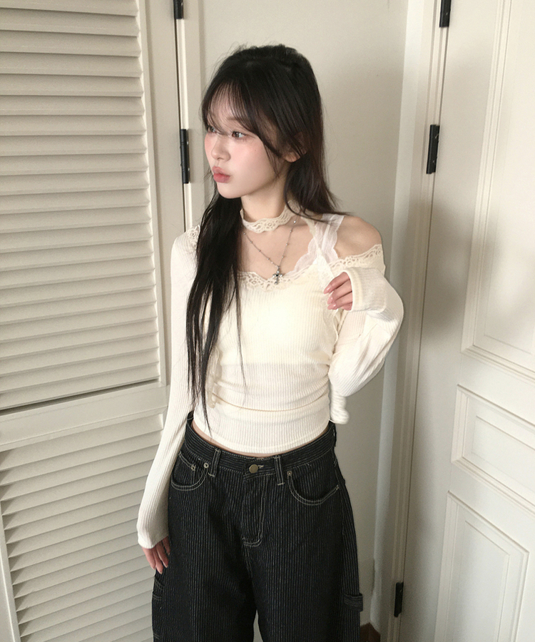 【マフラー付き】レーススリムTシャツ IVORY
