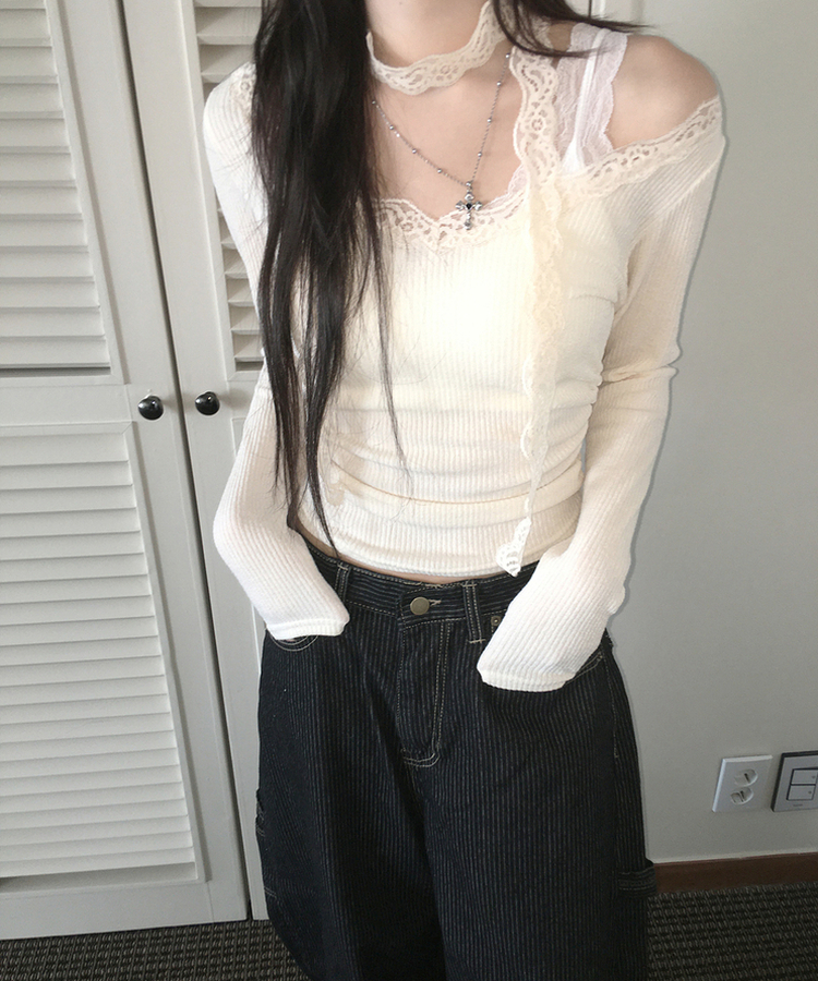 【マフラー付き】レーススリムTシャツ IVORY