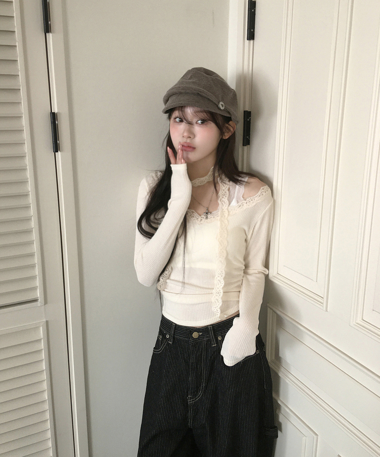 【マフラー付き】レーススリムTシャツ IVORY