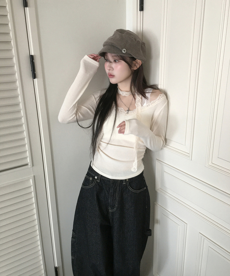 【マフラー付き】レーススリムTシャツ IVORY