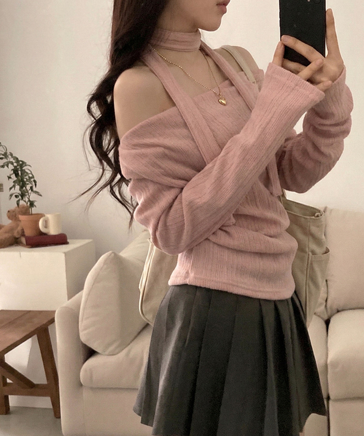 크림 오프 드레이프 머플러 골지 니트 티셔츠 핑크