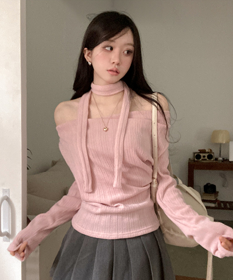 크림 오프 드레이프 머플러 골지 니트 티셔츠 핑크