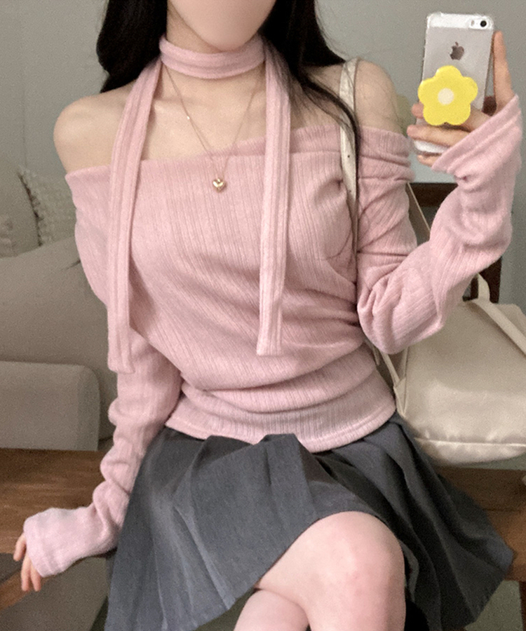 크림 오프 드레이프 머플러 골지 니트 티셔츠 핑크