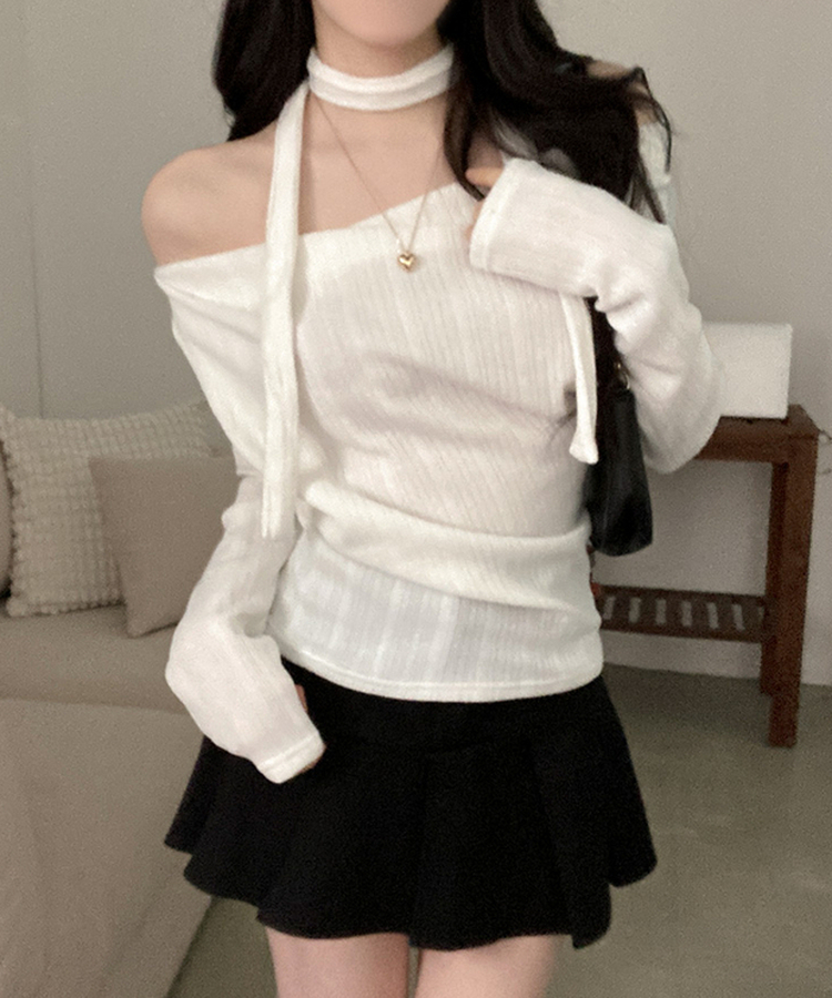 크림 오프 드레이프 머플러 골지 니트 티셔츠 아이보리