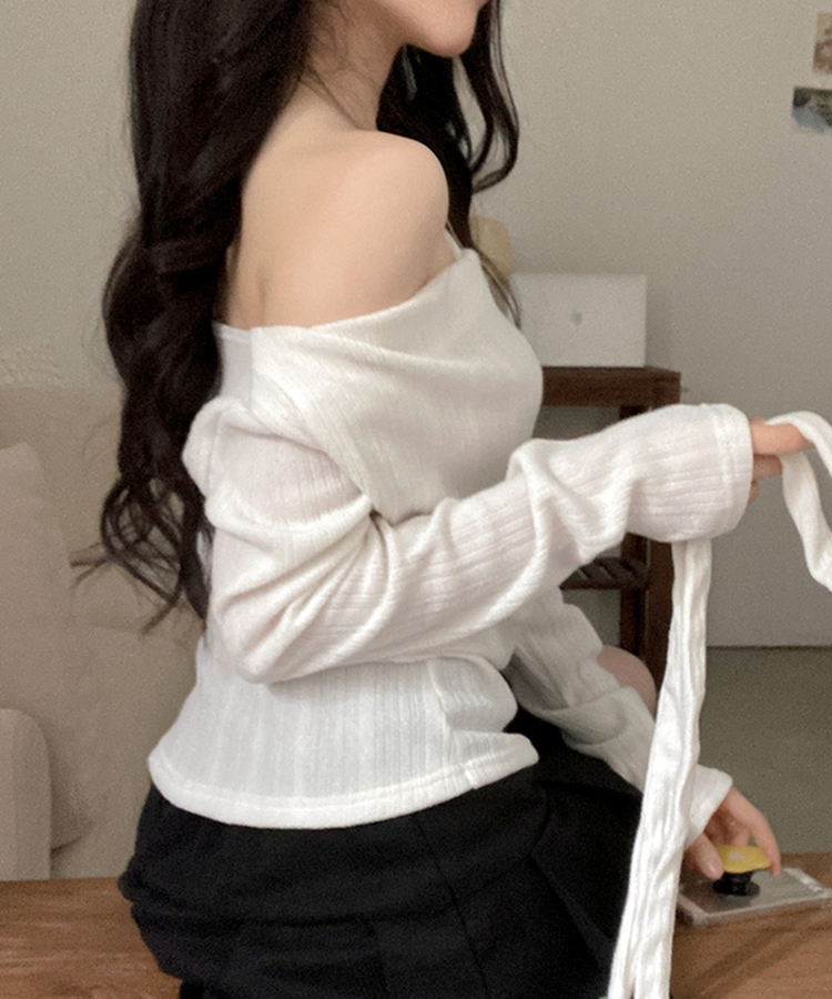 크림 오프 드레이프 머플러 골지 니트 티셔츠 아이보리