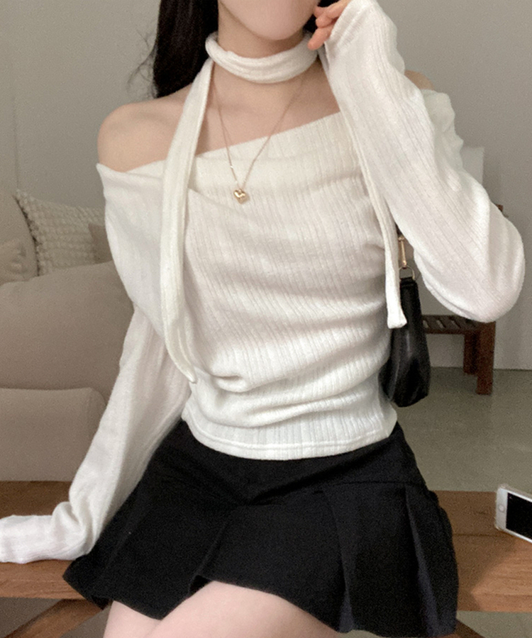 크림 오프 드레이프 머플러 골지 니트 티셔츠 아이보리