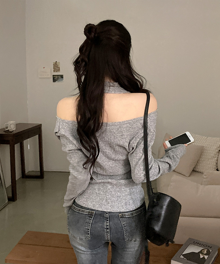 크림 오프 드레이프 머플러 골지 니트 티셔츠 그레이