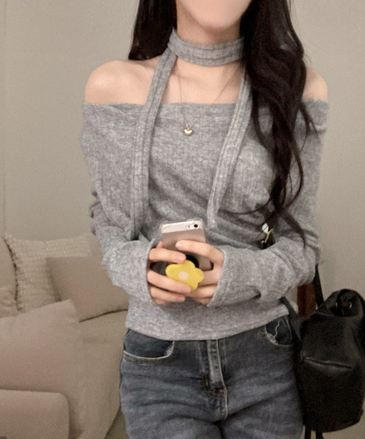 크림 오프 드레이프 머플러 골지 니트 티셔츠 그레이