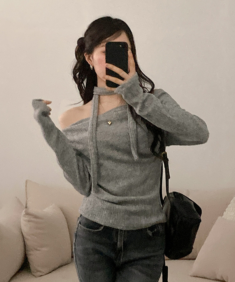 크림 오프 드레이프 머플러 골지 니트 티셔츠 그레이