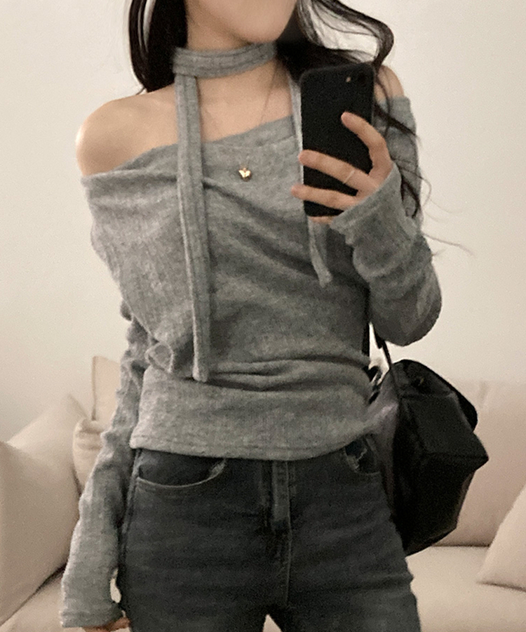 크림 오프 드레이프 머플러 골지 니트 티셔츠 그레이