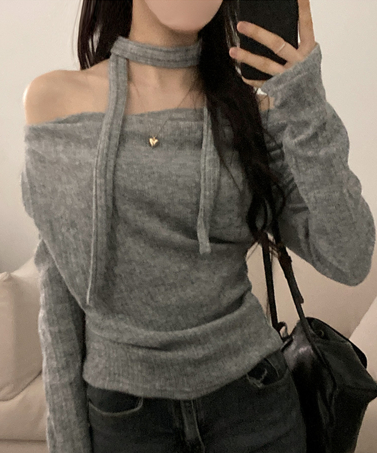 크림 오프 드레이프 머플러 골지 니트 티셔츠 그레이