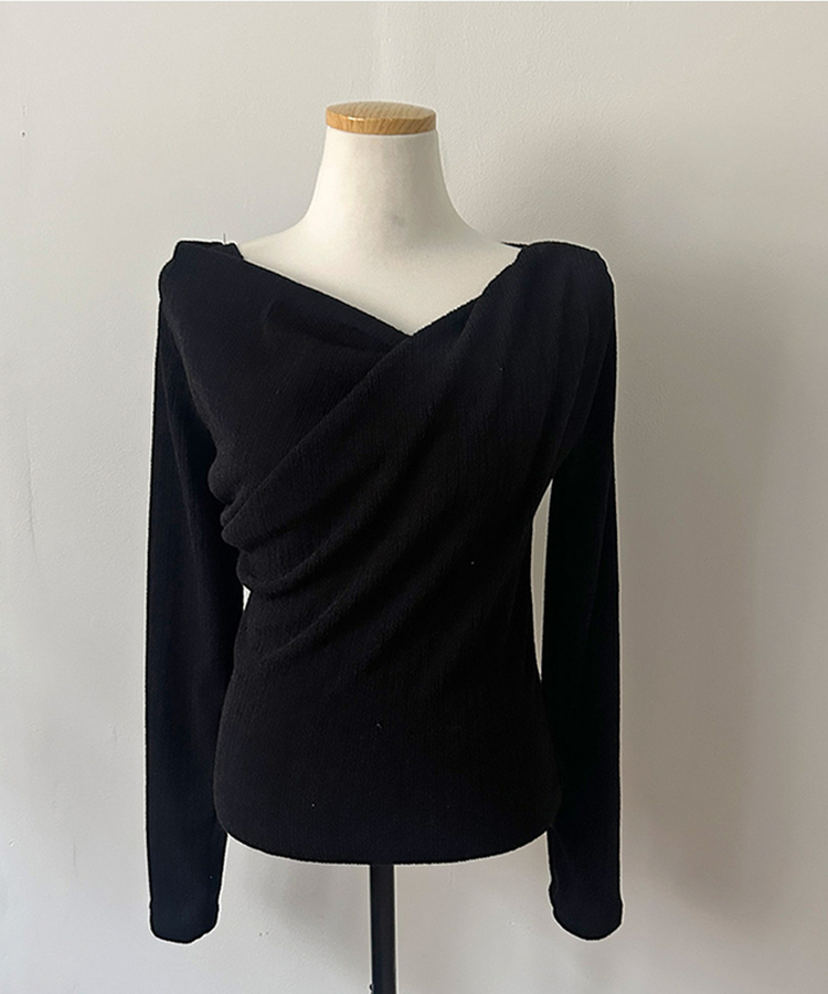 크림 오프 드레이프 머플러 골지 니트 티셔츠