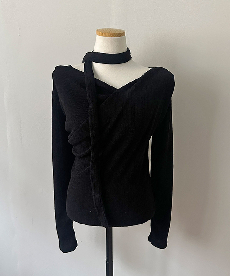 크림 오프 드레이프 머플러 골지 니트 티셔츠