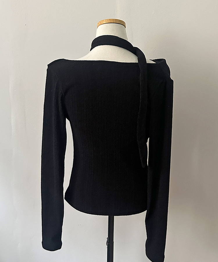 크림 오프 드레이프 머플러 골지 니트 티셔츠