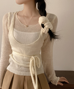 뷔스티에 레이어드 로프 허리끈 니트 아이보리