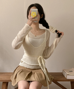 뷔스티에 레이어드 로프 허리끈 니트 아이보리