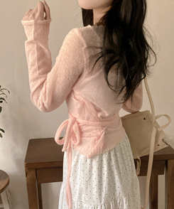 뷔스티에 레이어드 로프 허리끈 니트 핑크