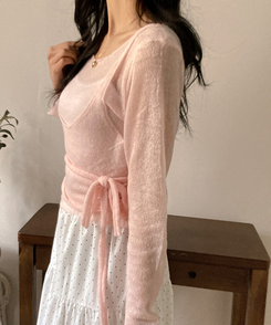 뷔스티에 레이어드 로프 허리끈 니트 핑크