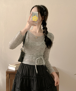 뷔스티에 레이어드 로프 허리끈 니트 그레이