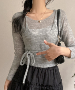 뷔스티에 레이어드 로프 허리끈 니트 그레이