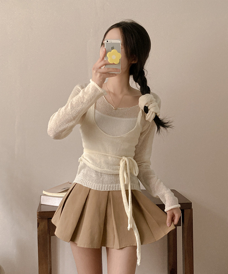 뷔스티에 레이어드 로프 허리끈 니트 아이보리