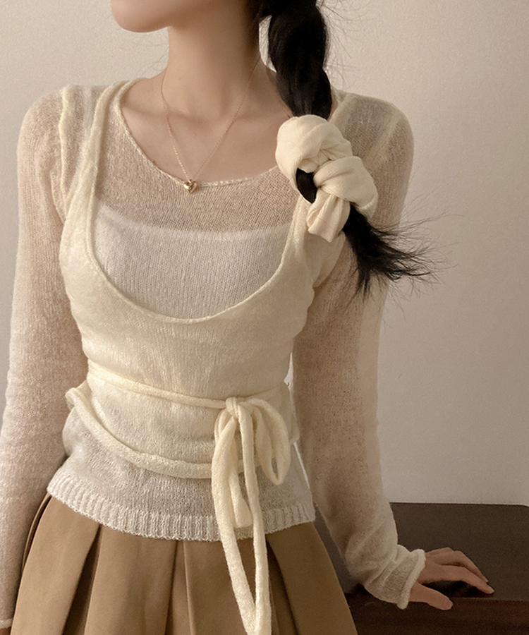 뷔스티에 레이어드 로프 허리끈 니트 아이보리