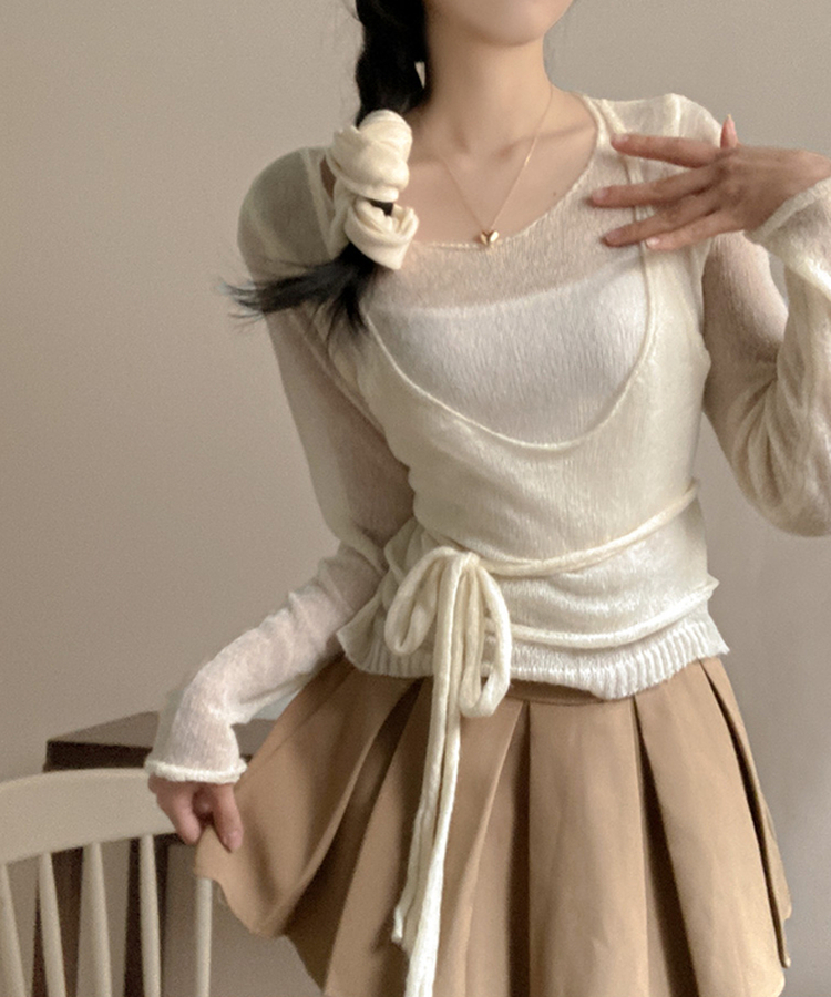 뷔스티에 레이어드 로프 허리끈 니트 아이보리