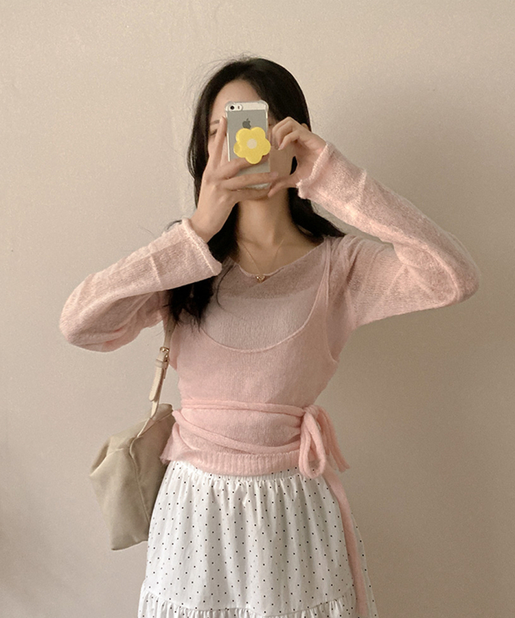 뷔스티에 레이어드 로프 허리끈 니트 핑크