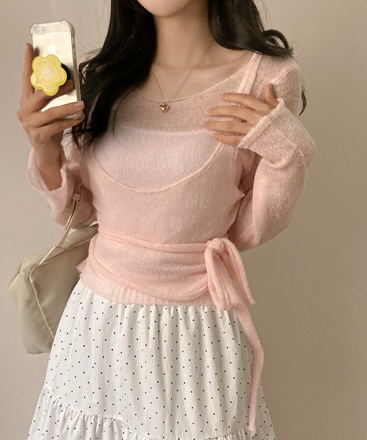 뷔스티에 레이어드 로프 허리끈 니트 핑크