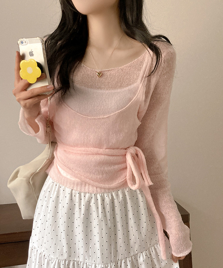 뷔스티에 레이어드 로프 허리끈 니트 핑크