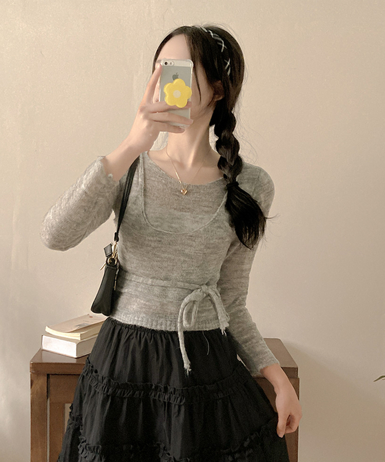 뷔스티에 레이어드 로프 허리끈 니트 그레이